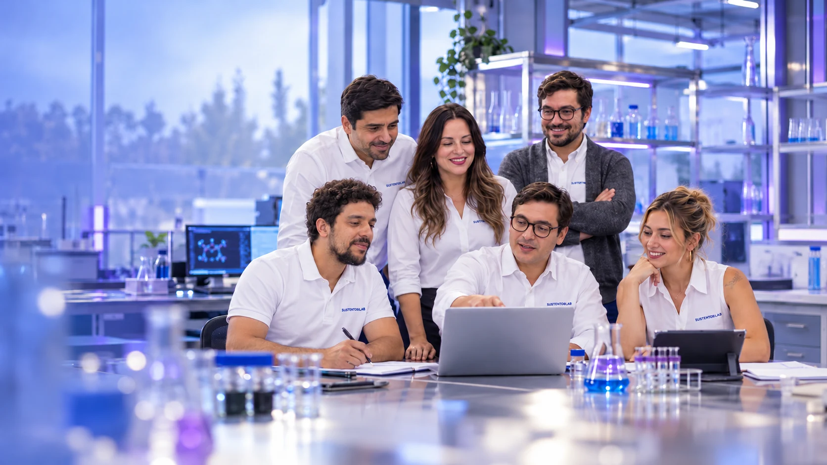 Equipo de Sustrendlab trabajando colaborativamente en un laboratorio